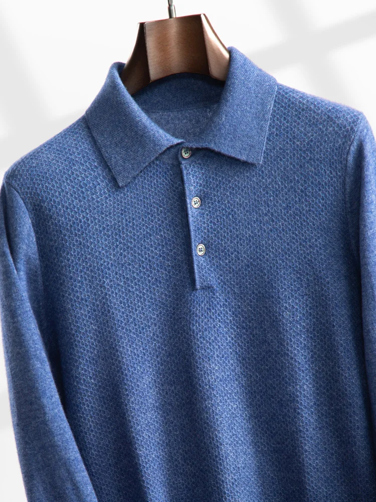 High Quality Men Fall Winter 100% Cashmere Sweater POLO Neck Honeycomb Pullovers Smart Casual Cashmere Knitwear Warm Shirt Tops