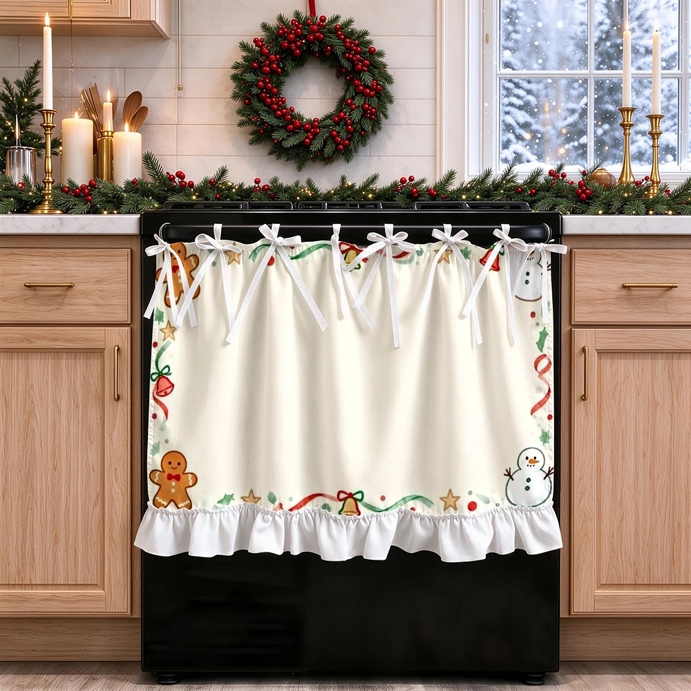 1PC lace up kitchen curtain, ruffled hem, 2D flat Gingerbread Bell pattern, cabinet cover curtain, Christmas home decoration