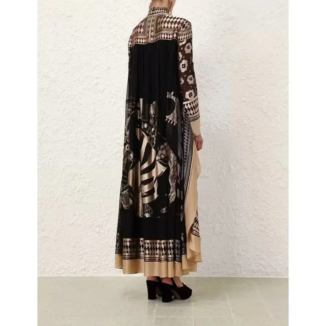 2024 New Silk High Quality Autumn Black Illustration Print Long Sleeve Stand Collar Maxi Dress for Women