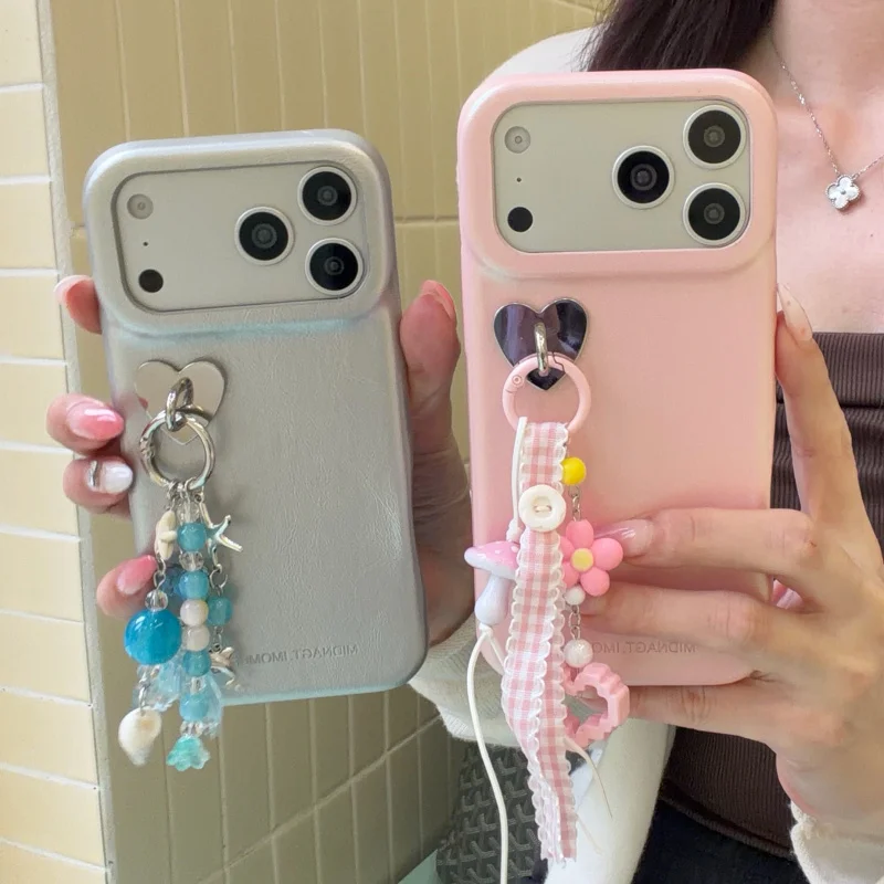 

Luxury Glitter Glossy Laser Leather Phone Case For iPhone 17 Pro 16 15 14 Pro Max Cover with Pendant Cute Protective Cases Girls