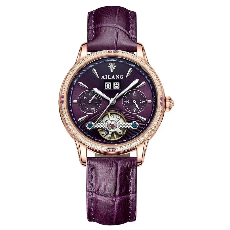 AILANG-8302 Luxury Ladies Skeleton Automatic Watch Rose Gold Case Purple Dial Wine Red Leather Band Waterproof Women Clock
