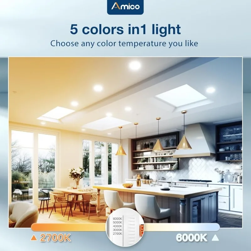 디밍 가능한 5CCT 선택형 LED 매입등 12팩 12W 110W 상당 평면 캔 조명 IC 인증 레트로핏 설치 ETL