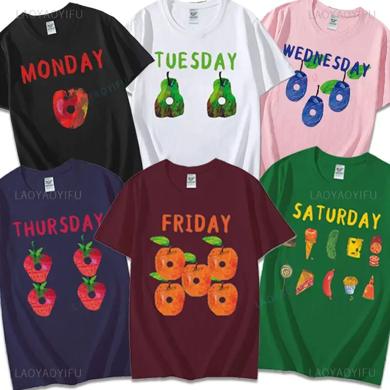 Camiseta Unisex de oruga muy hambre, camiseta divertida con estampado de libros para niños, regalo para amantes de los libros, camisetas de frutas de oruga hambre