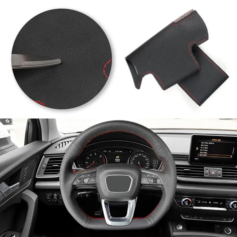 Car Steering Wheel Perforated Leather Cover For Audi (D Shape) Q3 F3 2018-2019 Q5 2017-2019 SQ5 17-22 Q7 2015-2019 Q8 2018-2022