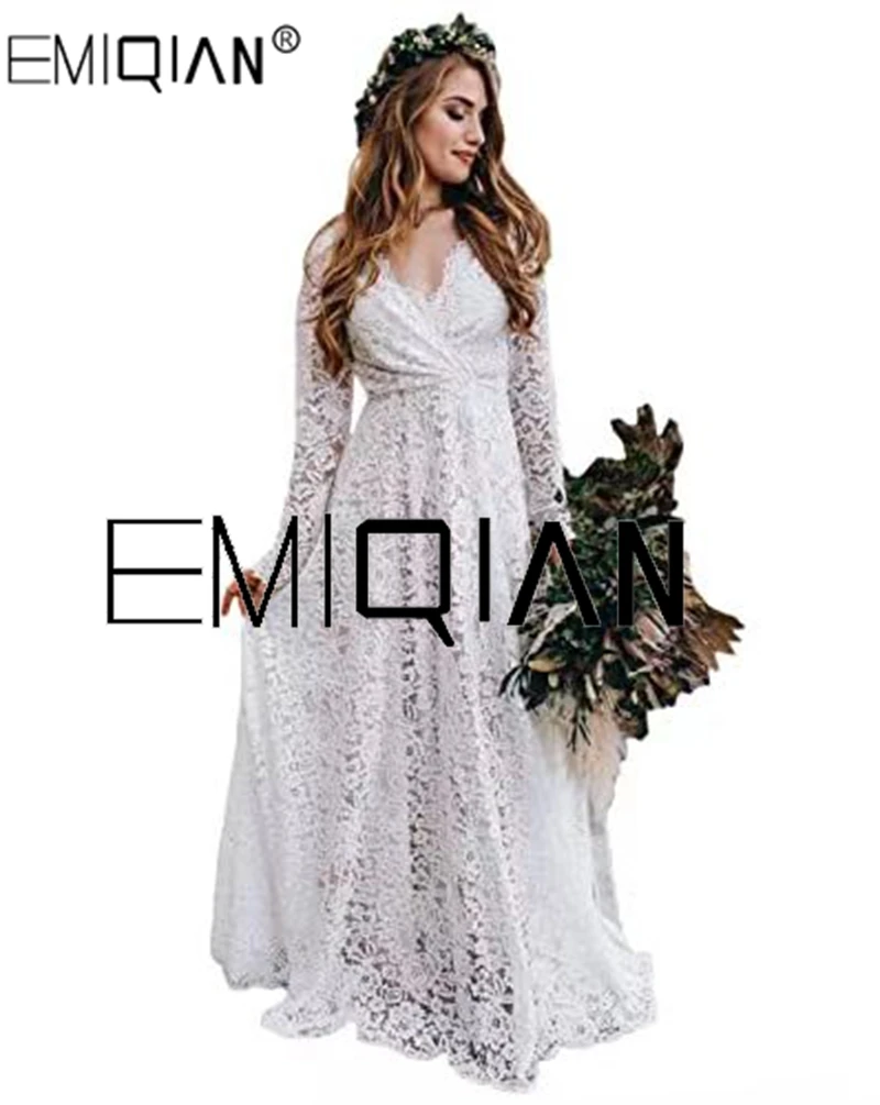 Scalloped Lace Wedding Dresses Boho V-Neck Backless A-Line Long Sleeve Beach Bridal Gowns Plus Size Bride Dress Vestido De Noiva