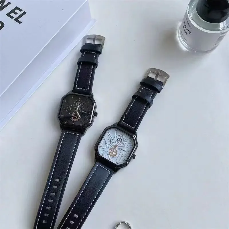 Men\'s Quartz Watches Alloy Dial Business Men Watch PU Leather Strap Square Sports Watch Cool Black Wristwatch for Man