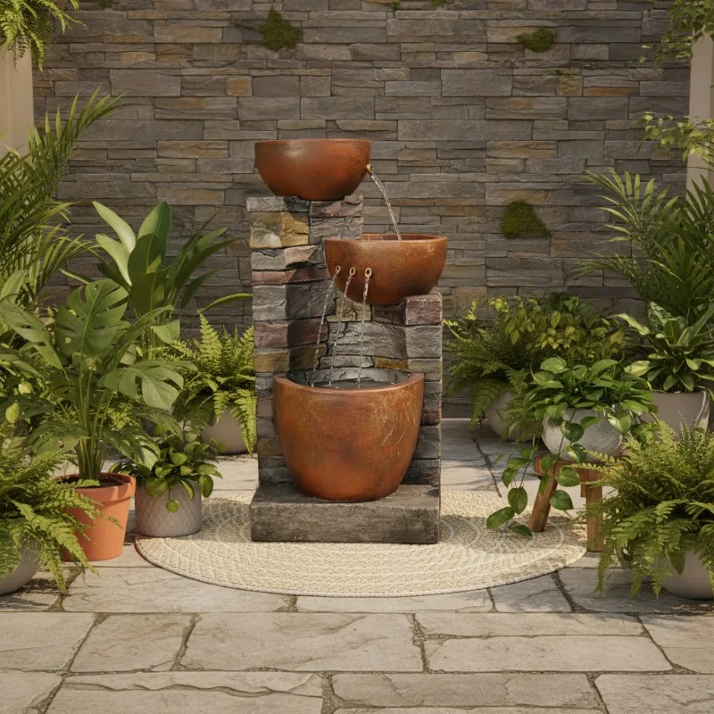 KW 3-Tier  Resin Bowl Waterfall Fountain Stone Pillar Design Solar Powered Lighted Handmade Easy Install Outdoor Garden