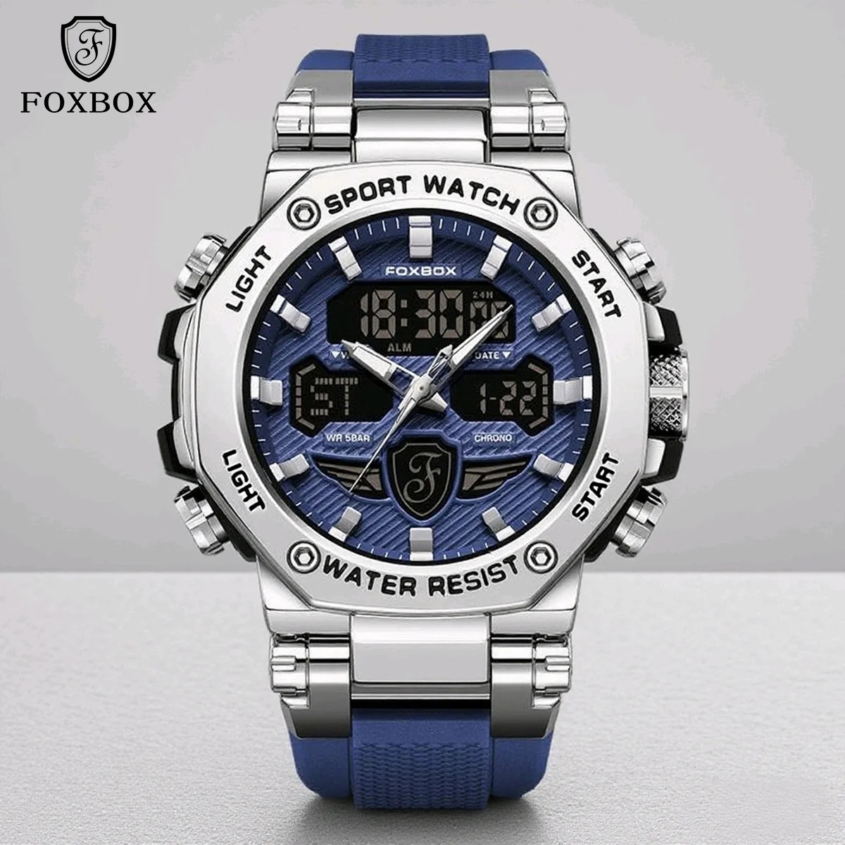 

FOXBOX Fashion Sports Mens Watch LED Dual Display Calendar Men Watches 50M Waterproof Luminous Chronograph Man Quartz Wristwatch