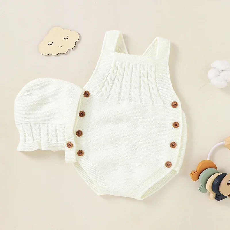 

Baby Bodysuit Infant Girl BoyJumpsuit Long Sleeve Knitted Newborn Clothes Hat 2pc 0-18M Overalls Top Fashion Solid Romper Summer