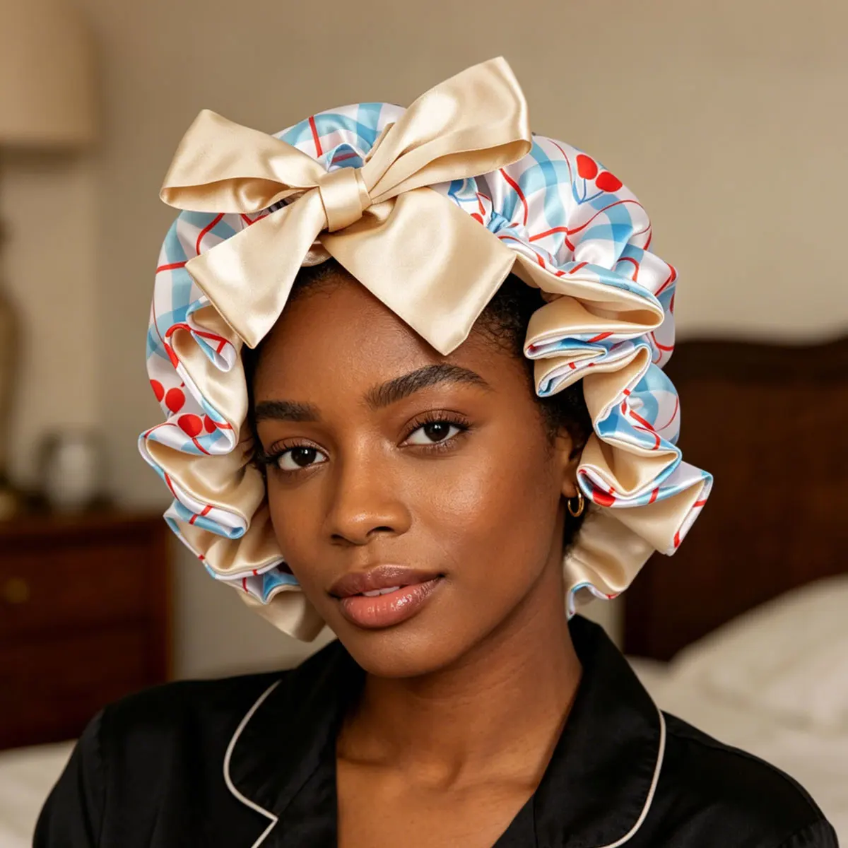 1pc Reversible Satin Sleep Cap with Cherry Print – Soft Satin Hair Protection & Beauty Cap with Tie Straps Bow for Women,