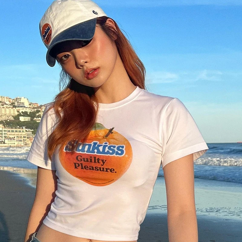 Vintage Big Orange Letters Graphic T Shirt Women Summer O Neck Short Sleeve T Shirt Femme Casual baby tee Streetwear Y2k Tops