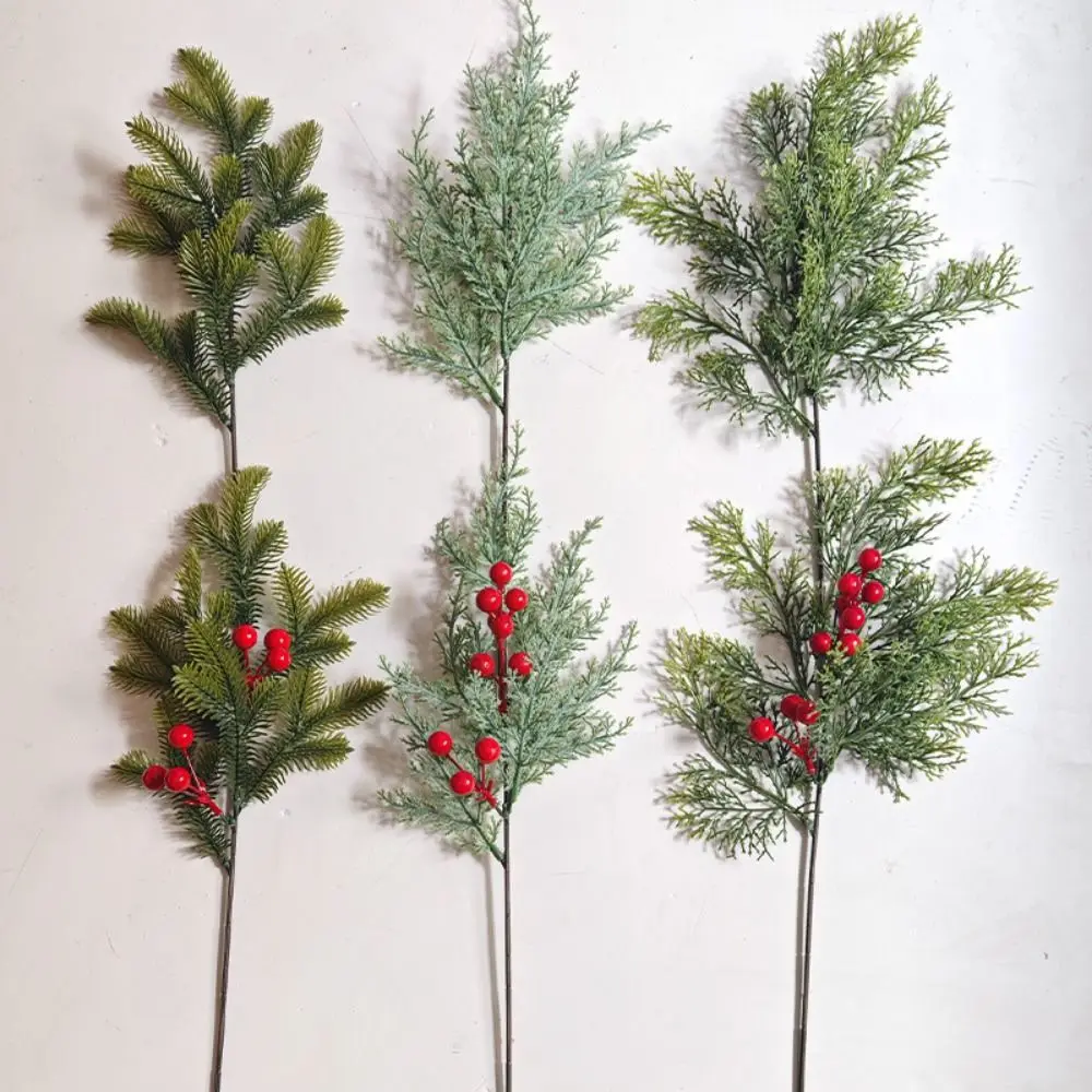 Green Artificial Pine Branch Plastic Christmas Tree Simulation Pine Needle Home Decoration Party Supplies Fake Red Berry Leaves