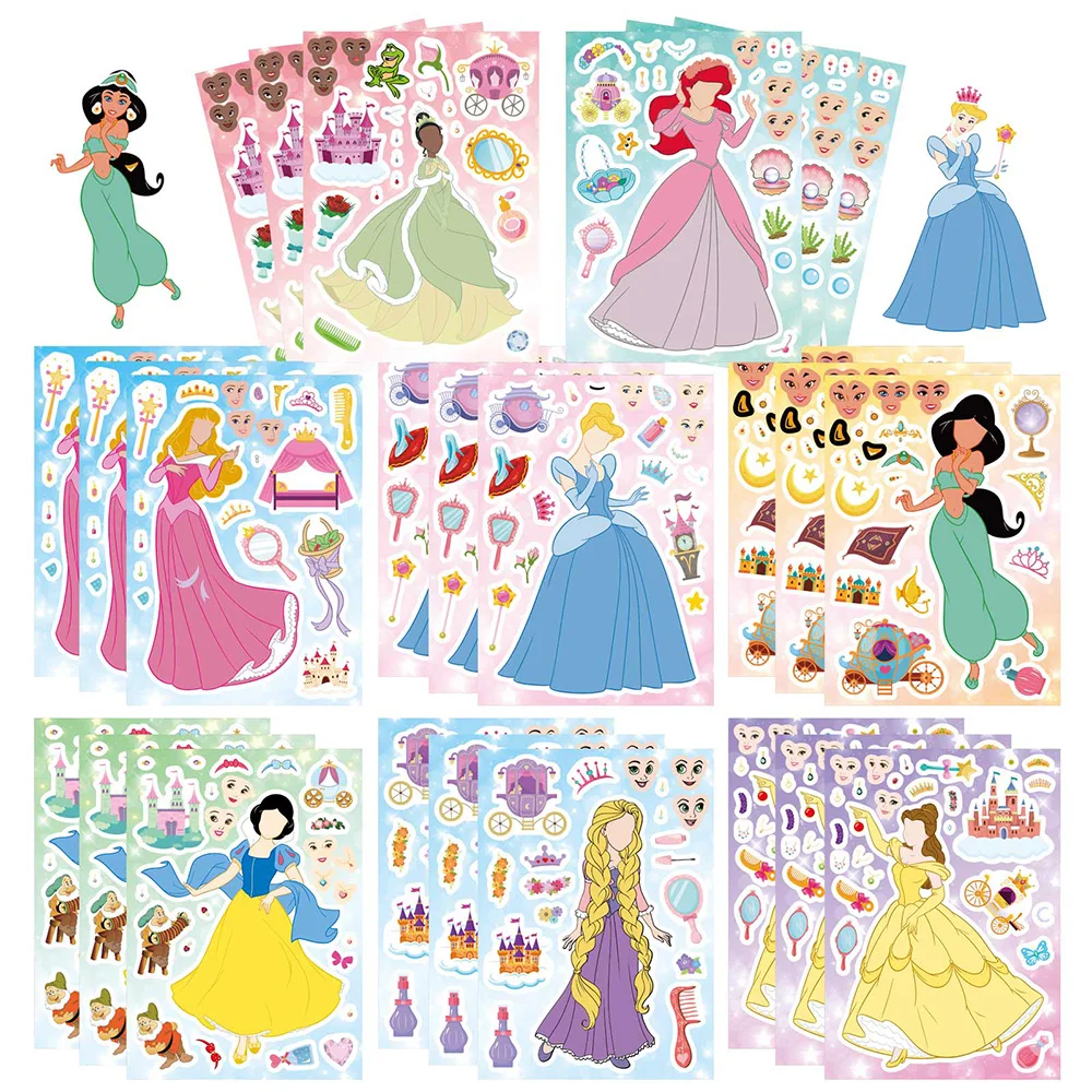 

8/16sheets Make Your Own Disney Anime Princess Puzzle Stickers Cute Kid DIY Make a Face Game Decal Children Assemble Jigsaw Toys