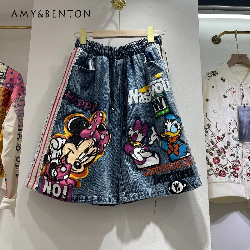 

Fashion Brand New Heavy Industry Cartoon Patchwork Denim Shorts Easy For Match Clothes Women's Summer New Arrival Booty Pants