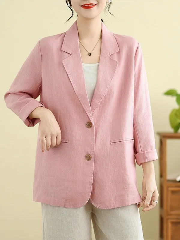 カジュアルな綿麻素材のロング丈レディースジャケット、大きいサイズ、ボタン留めコート、芸術的なスタイル、梨型体型に適した秋の着用に。