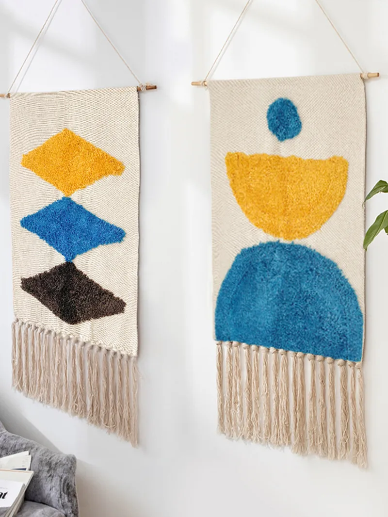 Simple Cotton Linen Hand Woven Tassel Tapestry Decoration Hanging Picture Cloth Art Background Hanging Cloth
