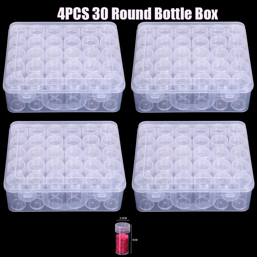Juego de Cajas de Almacenamiento de Plástico Transparente para Accesorios de Punto de Cruz y Pintura de Diamantes - 30/120/60 Frascos Redondos con Estuche Organizador de Fácil Visibilidad