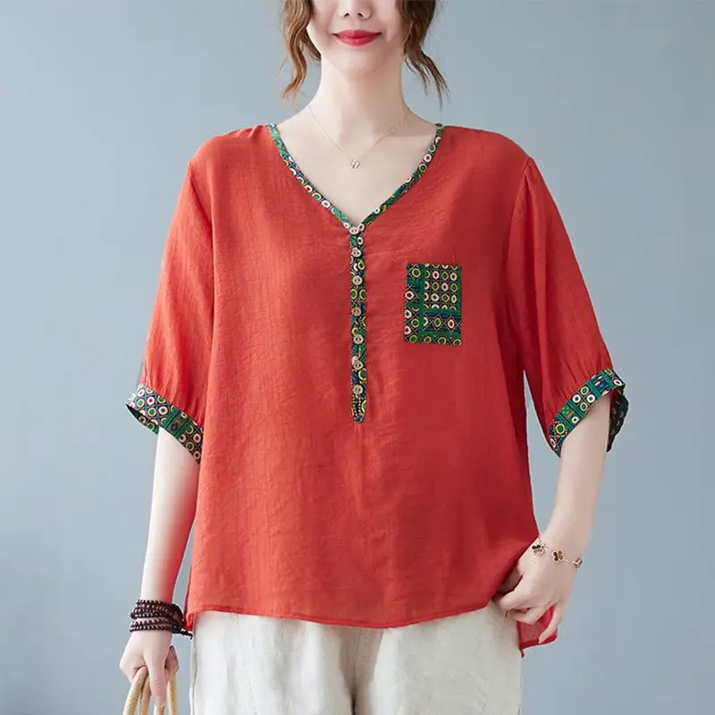 

Fashion V-Neck Spliced Printed Loose Casual Blouses Women's Clothing 2024 Summer New Oversized All-match Tops Commuter Shirts