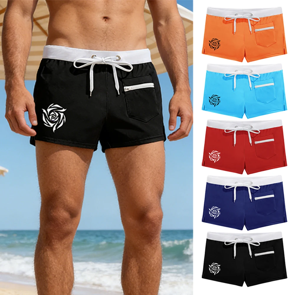 

Мужские плавки с низкой посадкой и передним карманом на молнии, быстросохнущие пляжные шорты, спортивные боксеры для плавания и серфинга, с цветочным принтом в стиле роз.