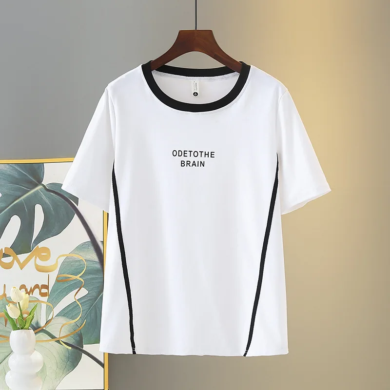 

Летний топ, новинка, 100 кг, повседневные футболки с короткими рукавами и маленькими буквами, женская футболка больших размеров 2231