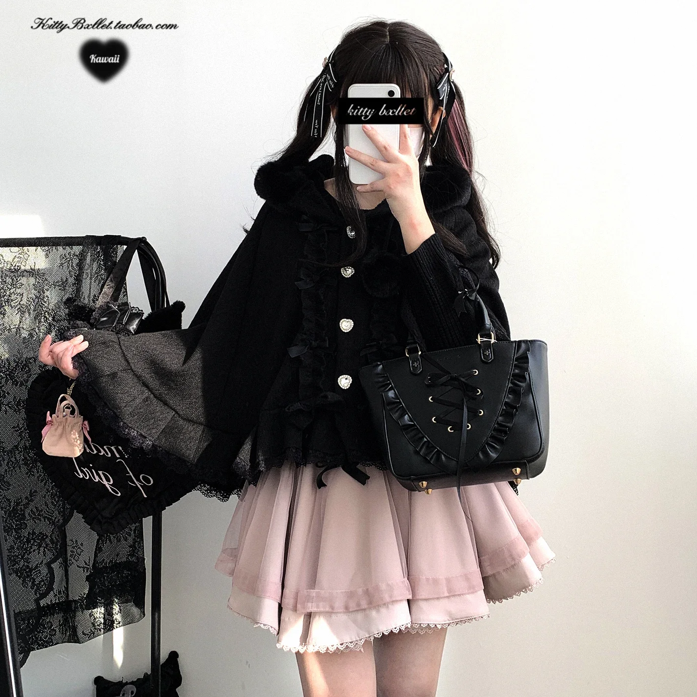 Japanese Mine Style Hooded Fleece Cape Lace Splicing Bow Single-breasted Loose Versatile Short Jackets Shawl Cloaks Women Winter