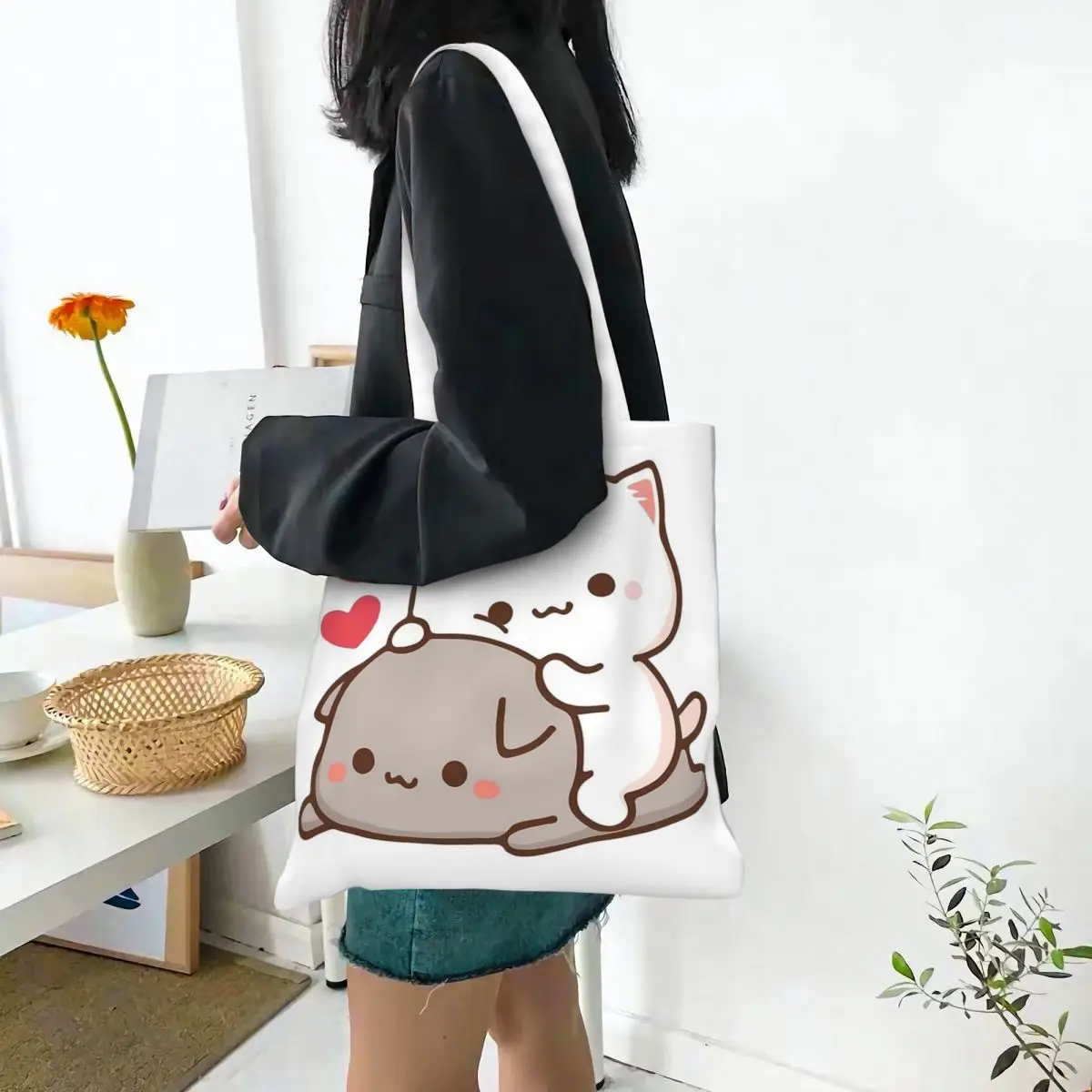 Cute Mochi Peach Goma Cat Tote Bags Women Handbag Foldable Student Shoulder Bag Reusable Shopping Bag