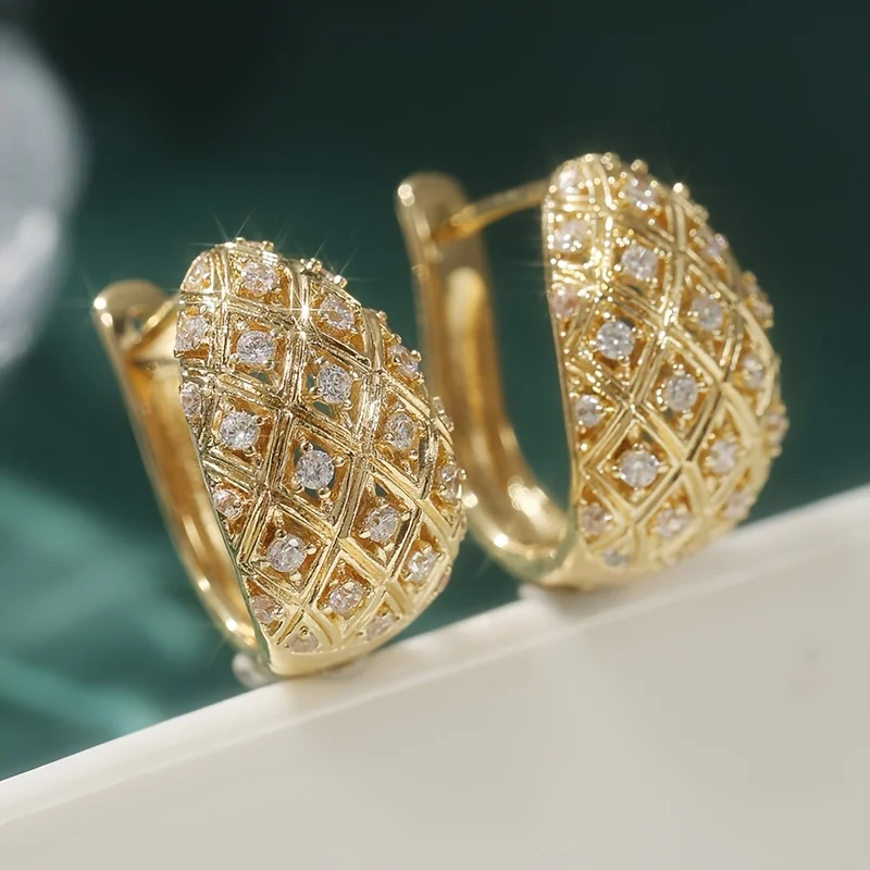 أقراط دائرية أنيقة باللون الذهبي مع زركونيا - طراز فرنسي لحفلات الزفاف والمناسبات الرسمية ومجوهرات الزفاف #2