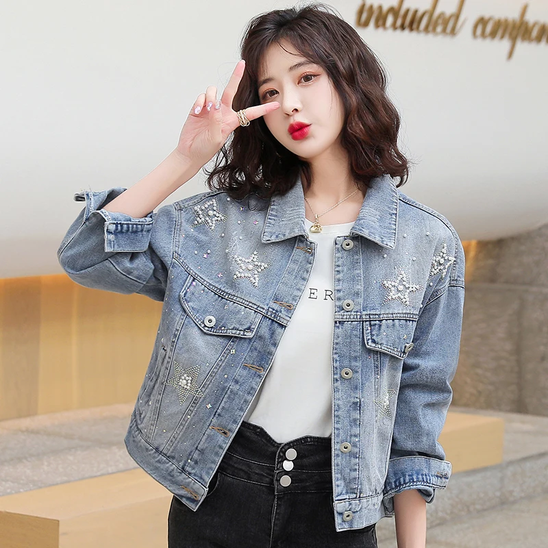 

Faionable ort Denim Jaet Women's Spring Autumn Pearl Embellied Diamond Jaet Casual Commute Sle Loose Fit Long Sve