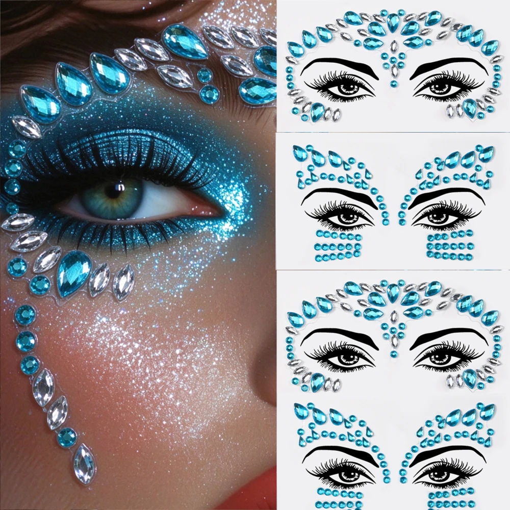 2Pcs/Kit Mixed Christmas Lake Blue Face Rhinestone Sticker Mix Shape Blue Crystals Eye Face Decal Festival Adhesive Gem Slider