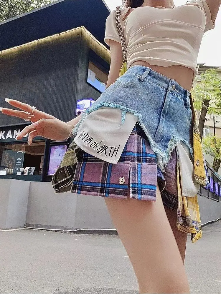 Y2k Retro Plaid Splicing Denim Shorts Women 25 Autumn New High Waist Loose Jean Wide Leg Hot Pants
