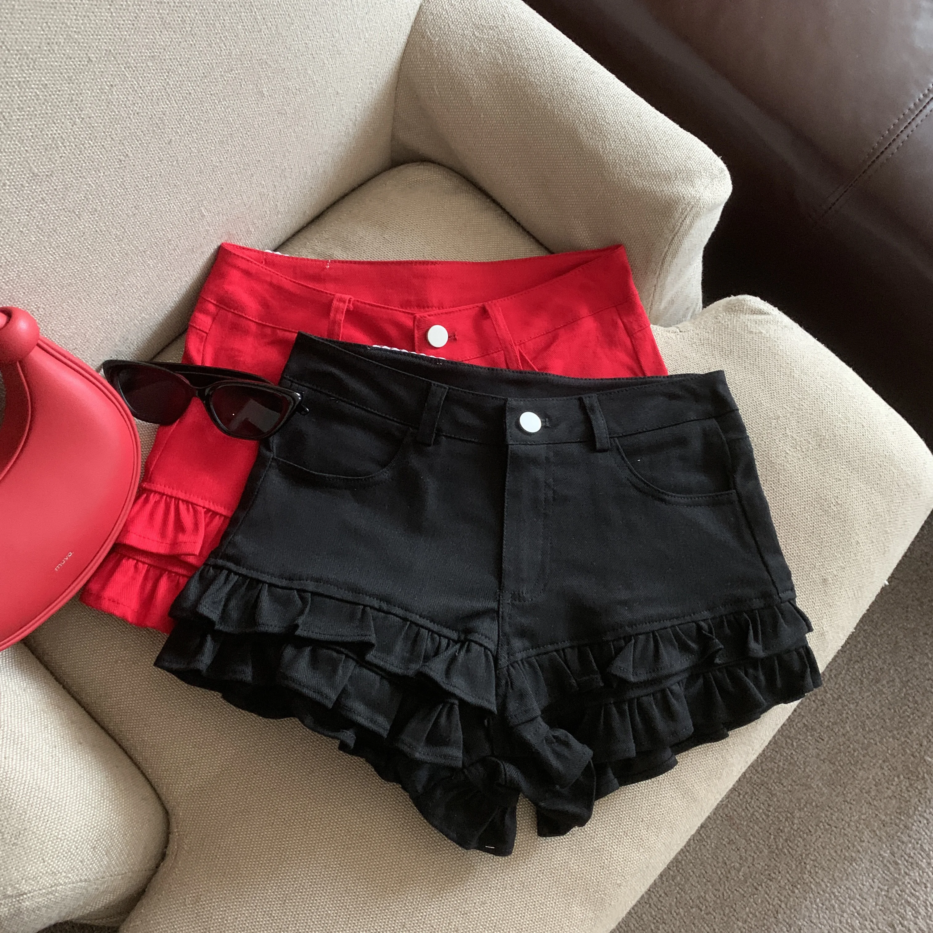 Women's Summer Casual Two Layers Ruffles Denim Shorts Lady Sweet Solid Color Slim Denim Short Pants