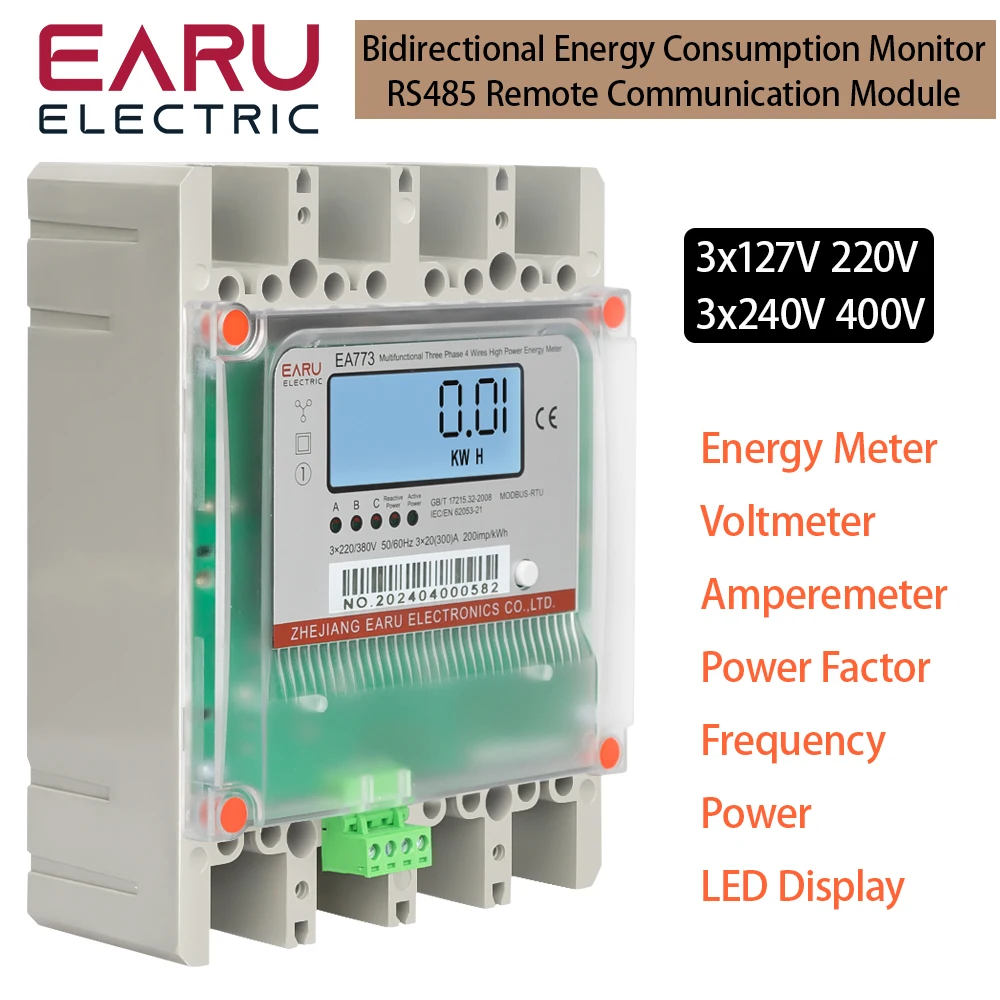 Three Phase 4 Wires 300A 3*220V/380V Multifunctional Direct Wiring High Load Power Energy Meter Monitor Backlight Display RS485