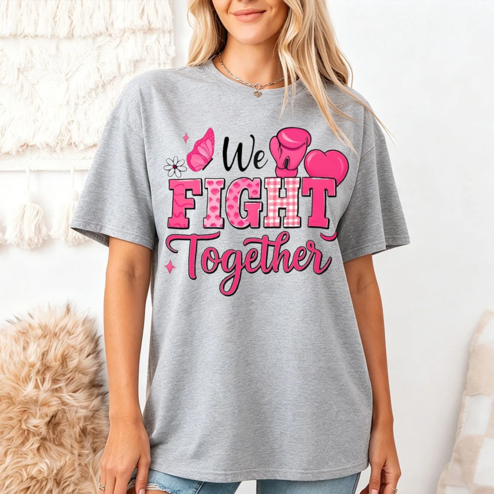 We Fight Together Pink Ribbon Boxing Glove Heart Butterfly Plaid Print Women Tees Breast Cancer Awareness Casual Streetwear Tops