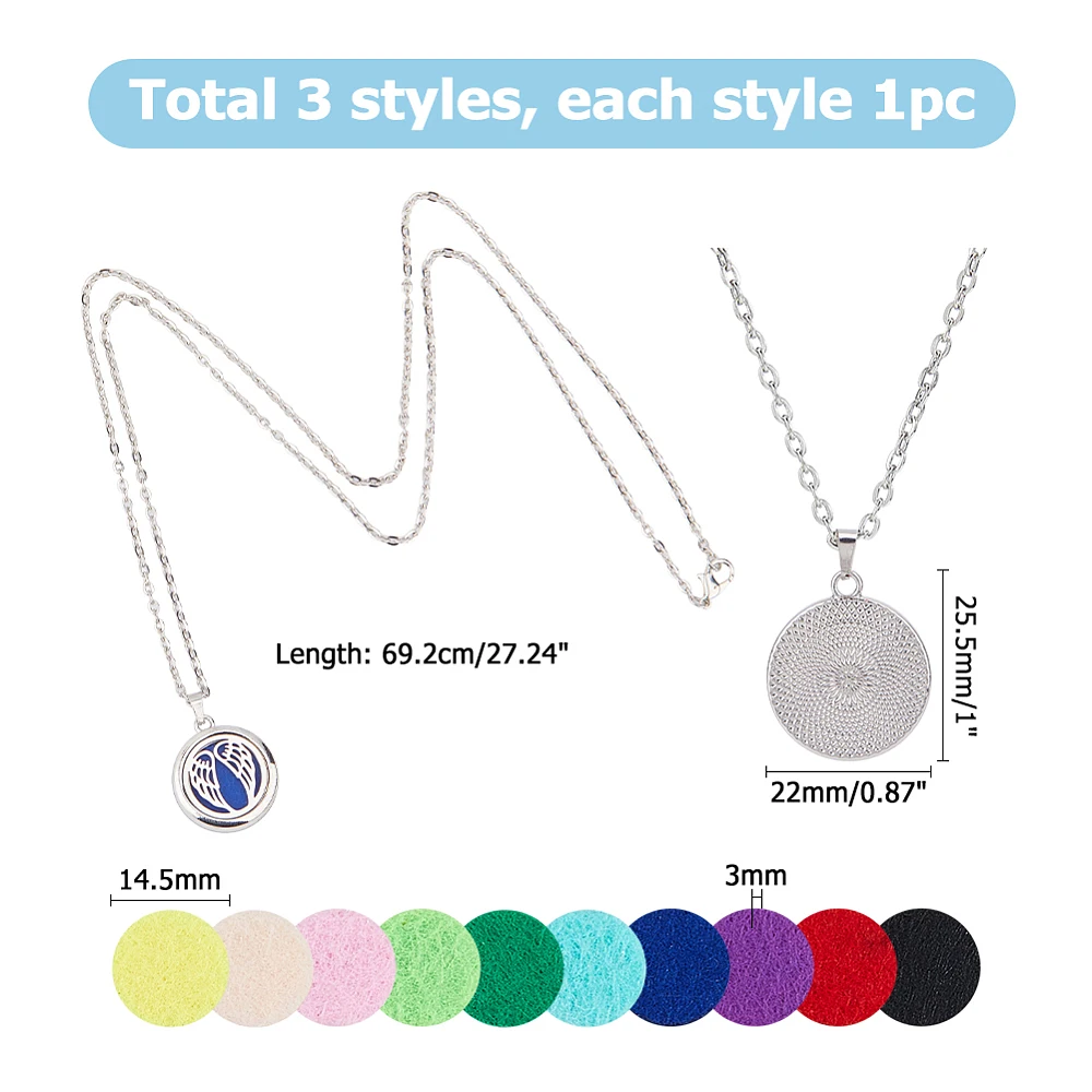 3 Sets Aromatherapy Essential Oil Diffuser Necklace 3 Styles Diffuser Stainless Steel Oil Pendant with Felt Pads Wing