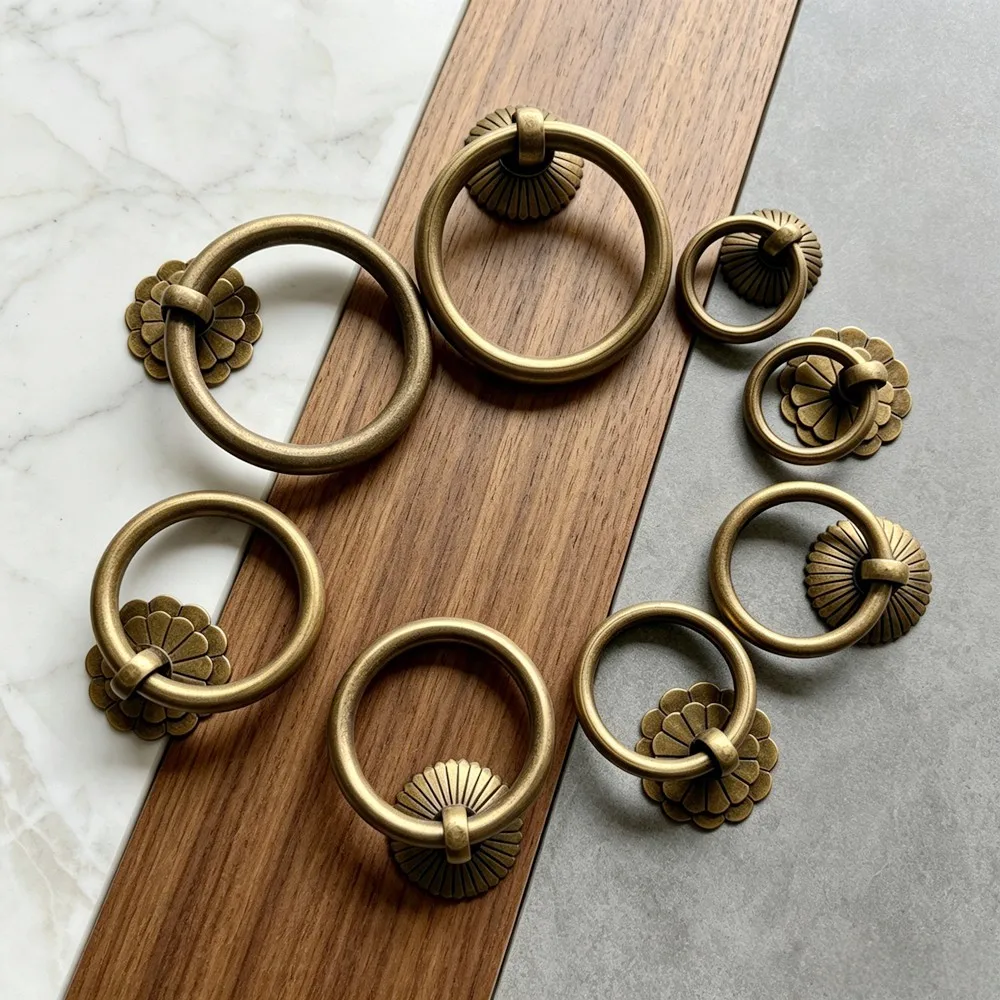 2Pack Antique Brass Kitchen Cabinet Ring Pulls Vintage Drawer Dresser Knobs Cupboard Door Handles Retro