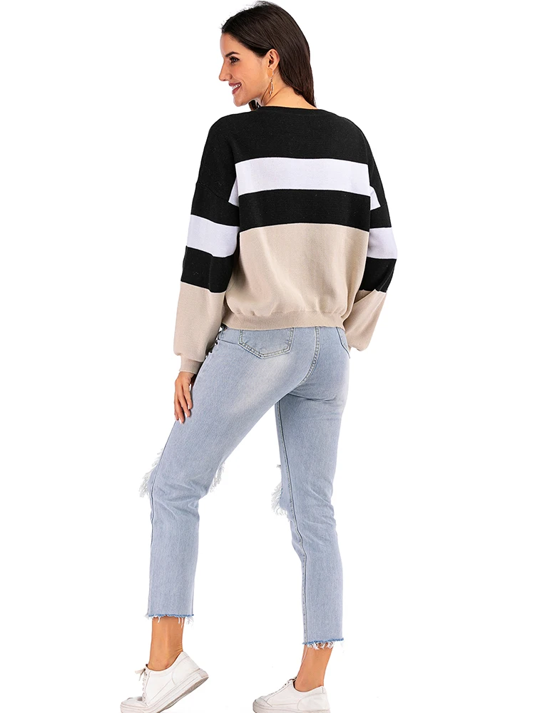 JIM & NORA Women\'s Retro Stripe Splicing Autumn Winter Design Sense Long Sleeved Fashion Round Neck Niche Simple Pullover Top