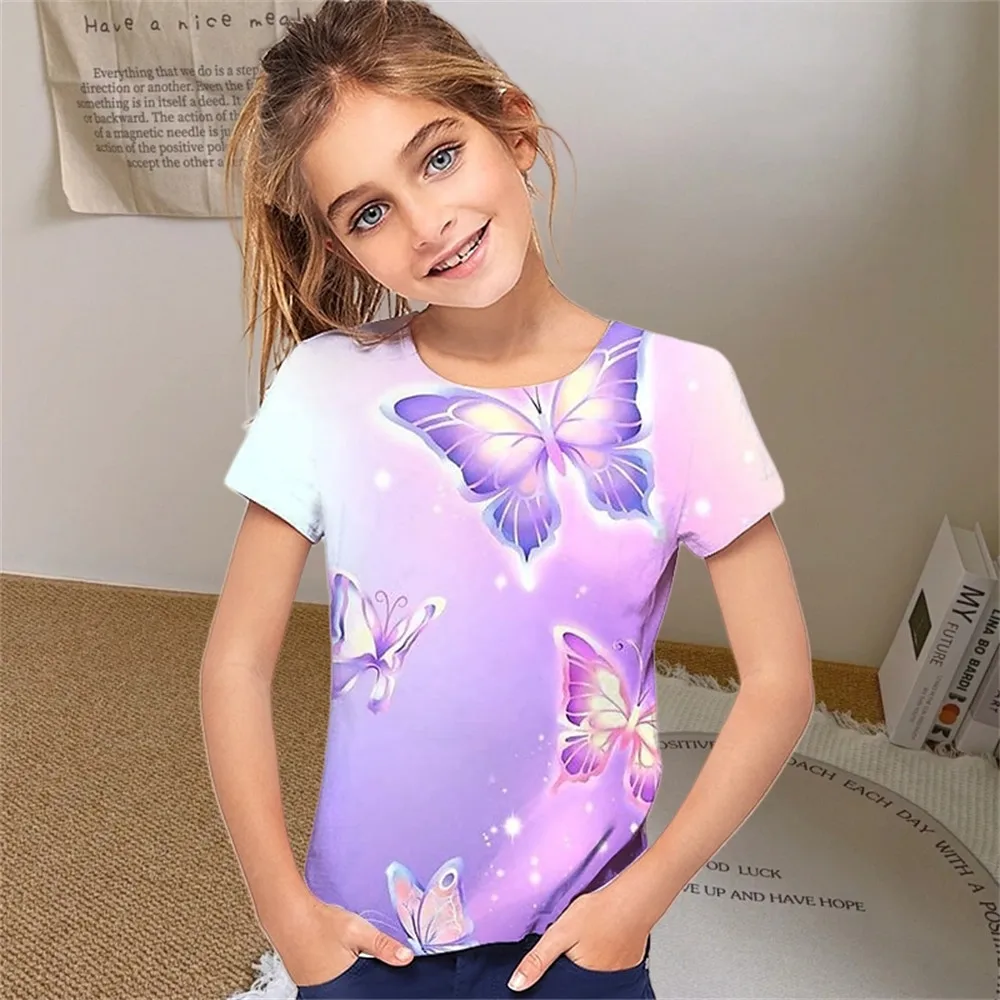 Children's Clothing Girl T-Shirt Pretty Butterfly 3D Print Short Sleeve Kids Summer Clothes Kawaii Casual Round Neck Girl Tops