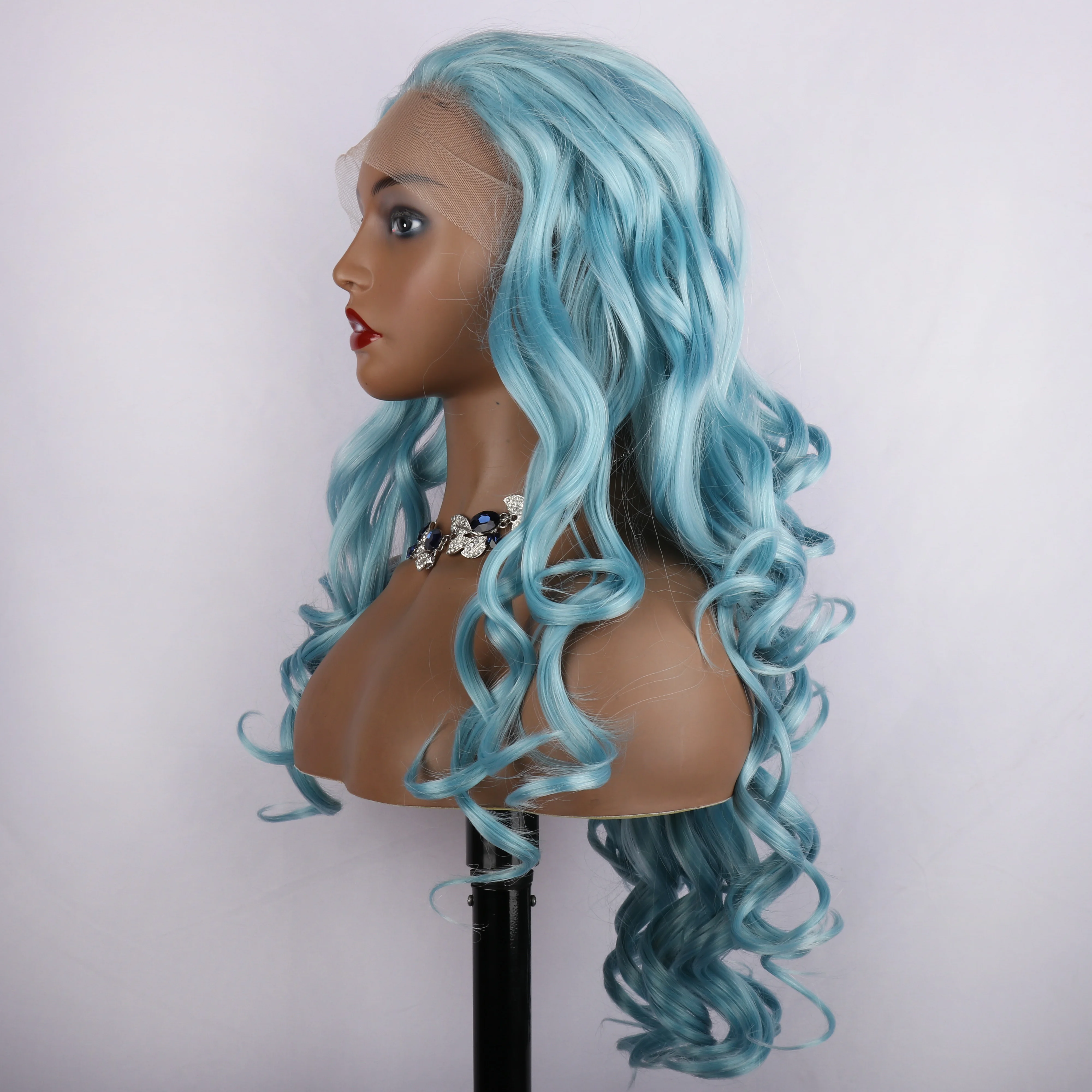 oley Fashion Curly Wig Synthetic Lace Front Wigs Baby Blue Female Lace Wig 13X3 For Black Women Cosplay Hair Daily Use