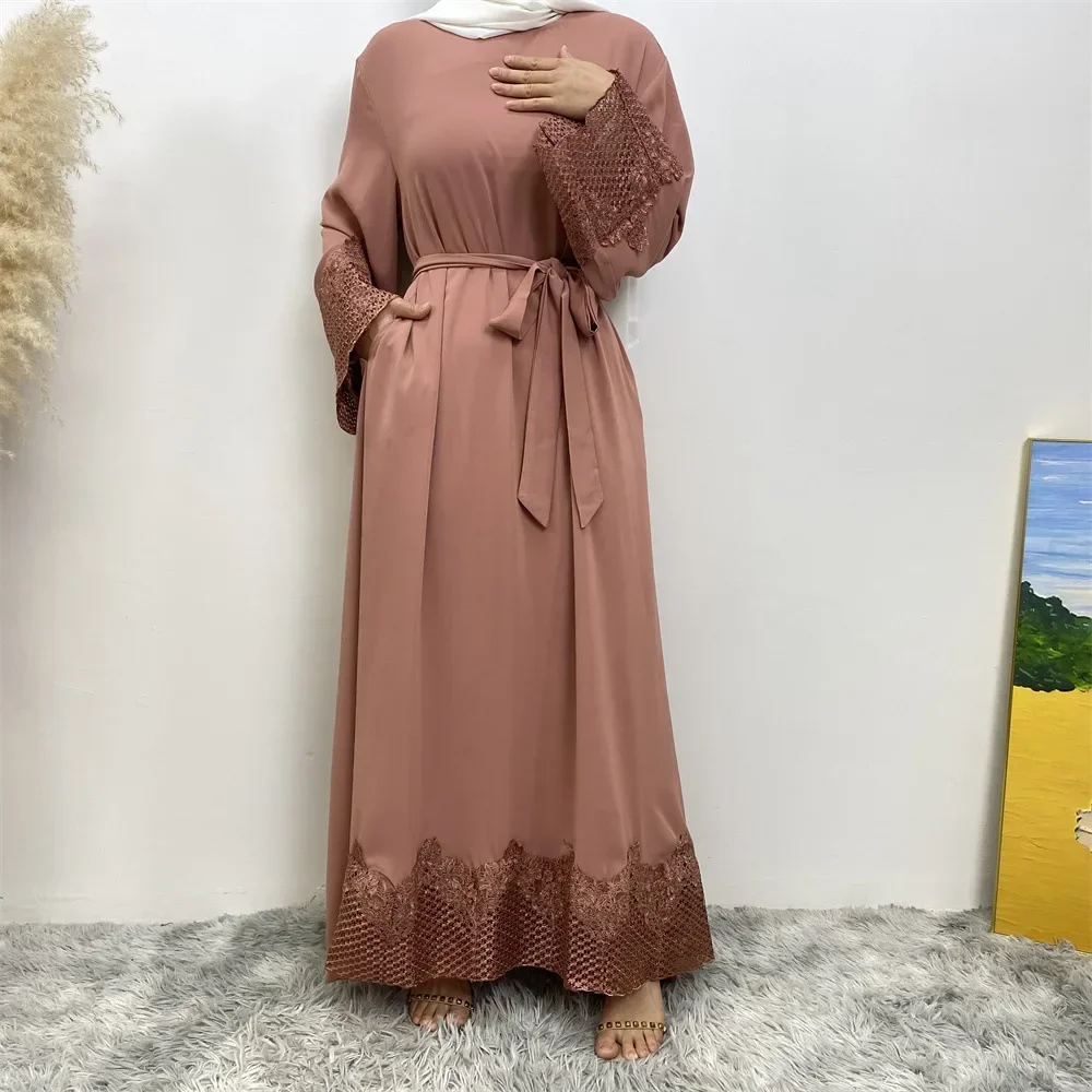 

2023 Moroccan Dubai Abaya Solid Color Embroidery Long Sleeve Loose Ramadan Arabic Dress for Women Muslim Femme Lace Up Dresses