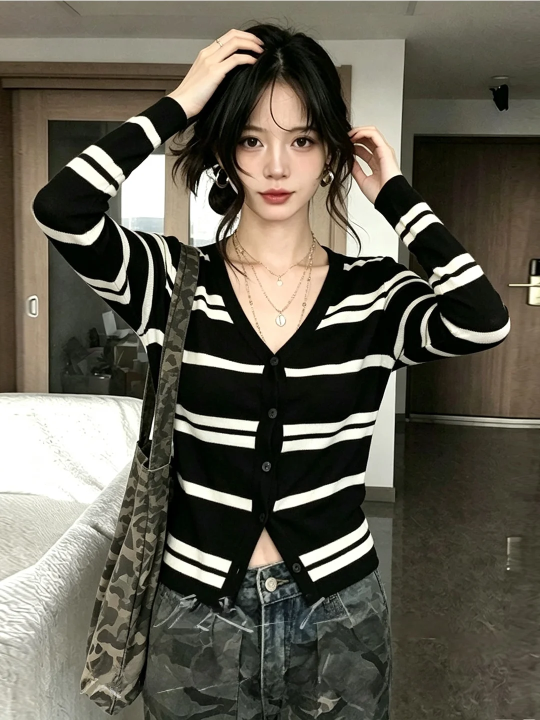 Black White Striped V-Neck Long Sleeve Knitted Open Cardigan Women's Autumn Design Back Mesh Splicing See-through Sexy Top