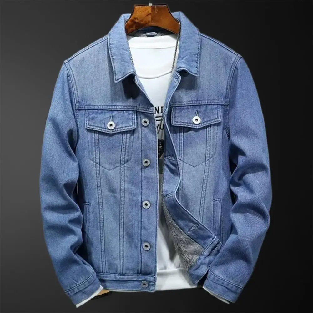 Trendy Fleece-lined Denim Jacket For Men Korean Style Loose-fit Warm Lapel Top Coat Spring Autumn Season