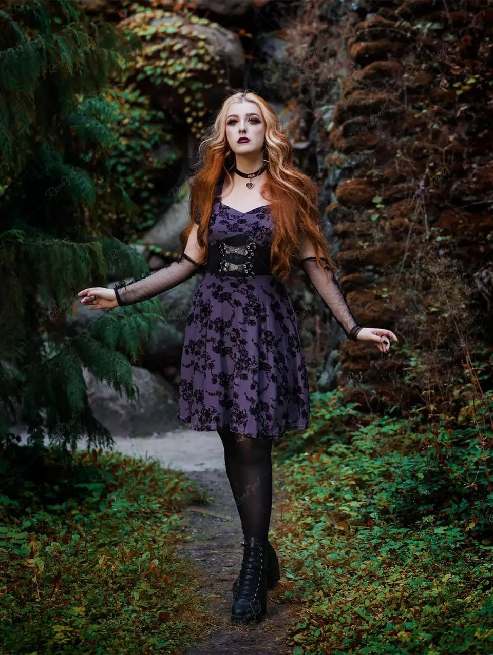 

﻿ROSEGAL Plus Size Gothic Flower Mesh Flocking Dresses Purple D-Ring PU Lace Up Grommet Dress Women's Summer Party Dress Vestido