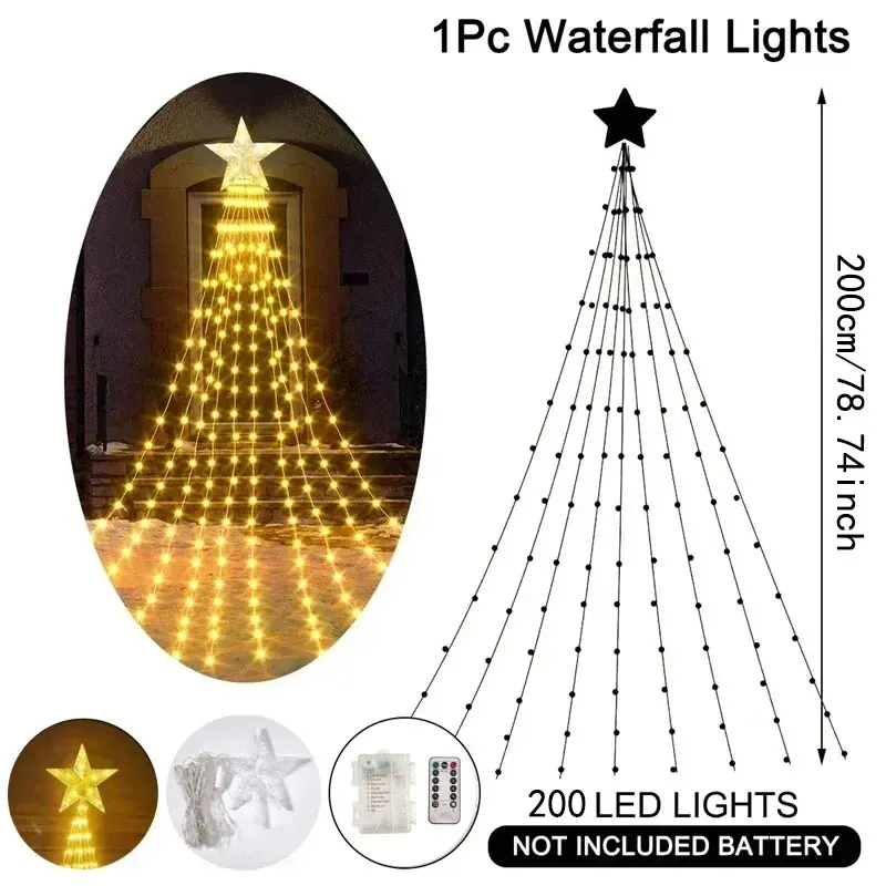 Solar Remote Control Christmas Waterfall Fairy String Lights with Topper Star Christmas Tree Decorations