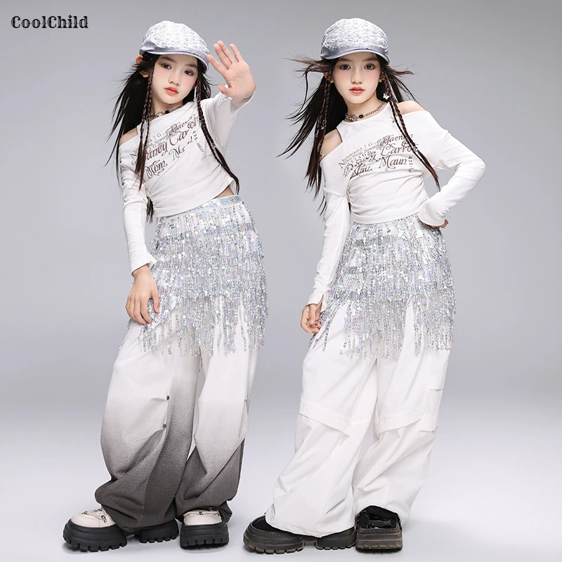 

Хип-хоп для девочек K-pop укороченный топ с открытыми плечами, брюки-карго для уличных танцев, детская уличная одежда, комплекты одежды для сцены в стиле джаз для девочек