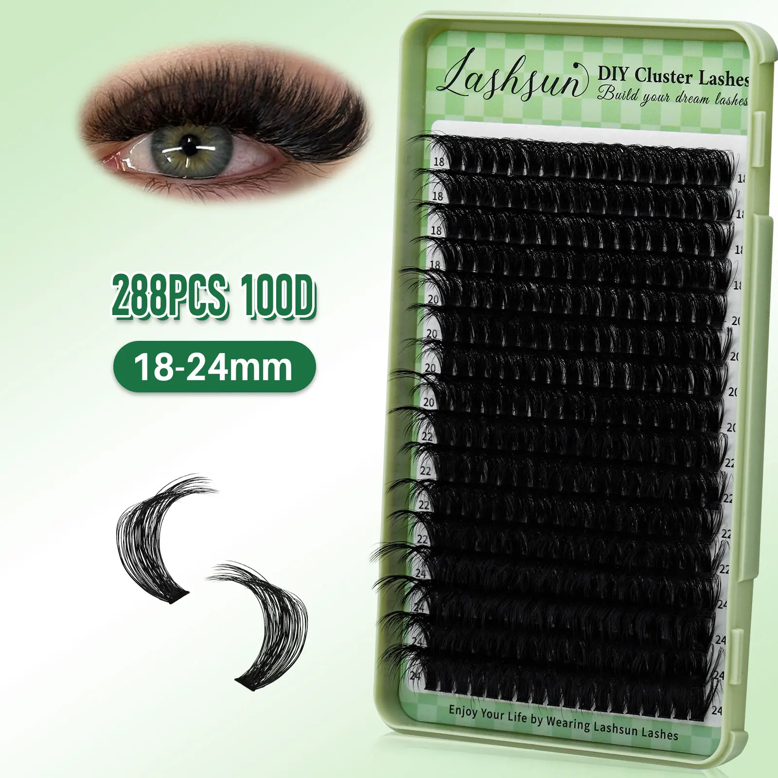 LASHSUN 100D D Curl 18-24mm Mixed Length Fluffy Volume Cluster Lashes Soft And Comfortable False Eyelashes Long-Lasting Lashes