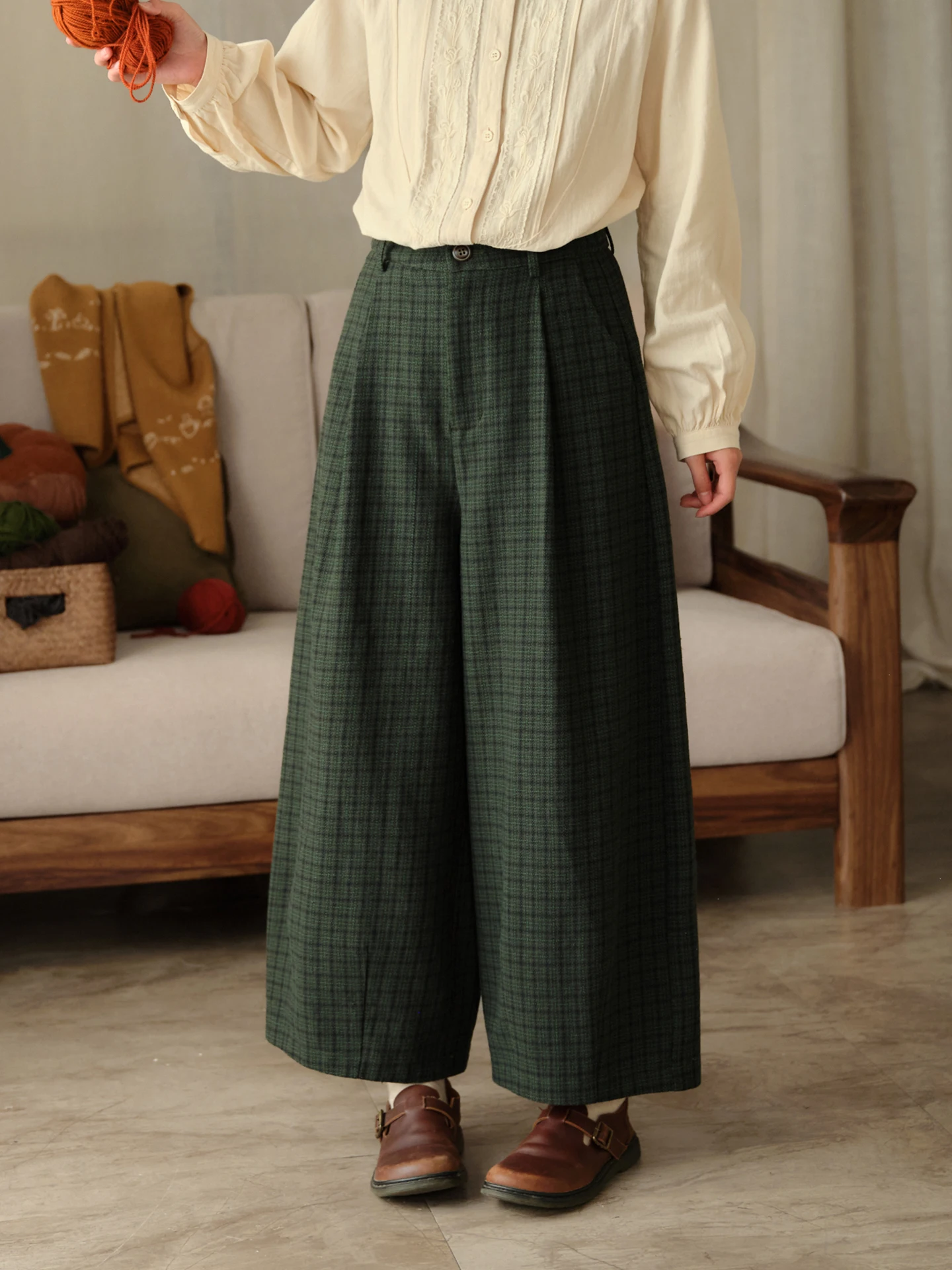 Casual Cotton Linen Wide Leg Pants Women Loose Fit Plaid Pattern High Waist Button Closure Comfortable Breathable Winter Trou...