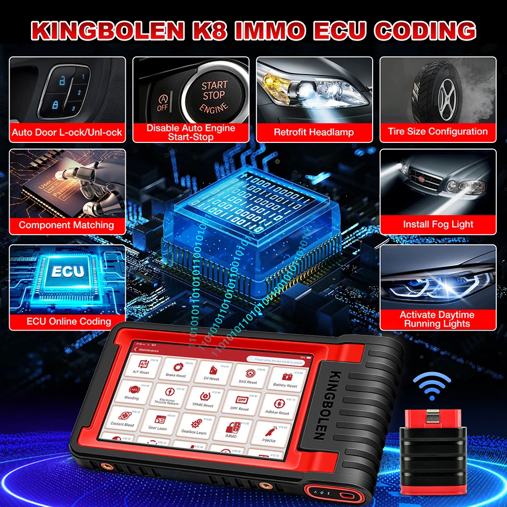 KINGBOLEN K8 IMMO Full System Diagnostics Tool Key Programming 24 Resets ECU Coding Active Test OBD2 Scanner 2 Years Free Update