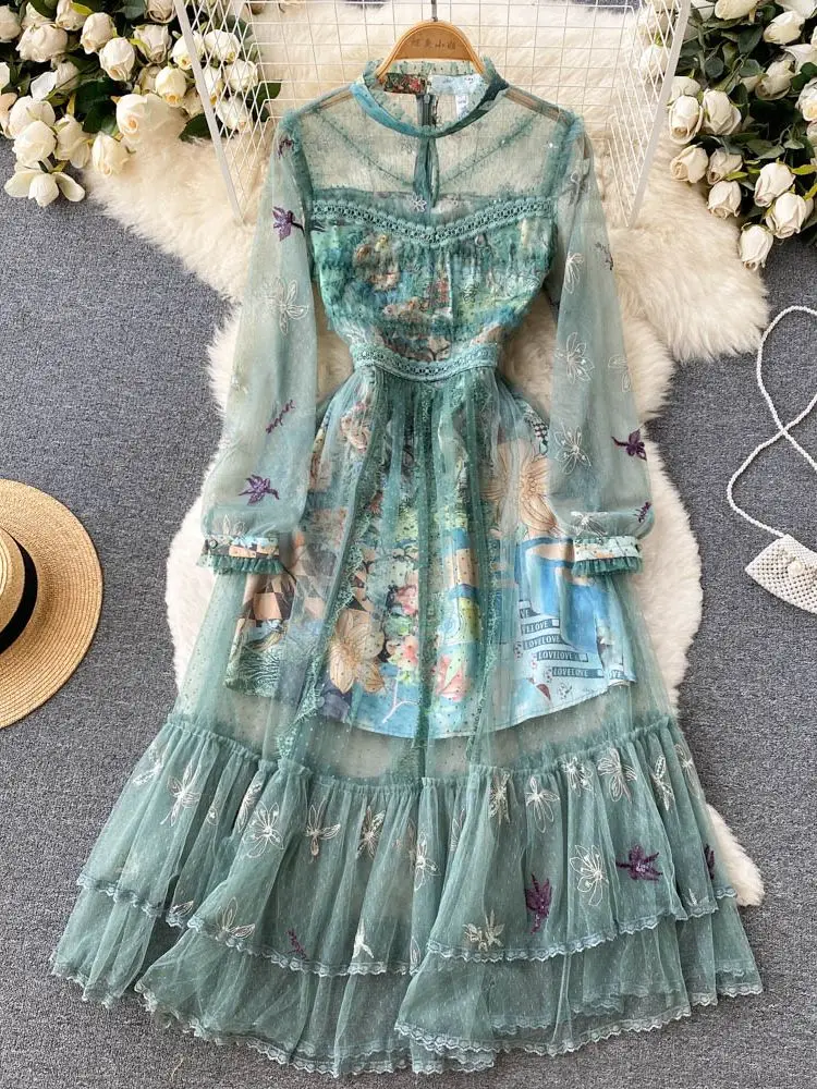 Fashion Summer Ruffles Mesh Flower Embroidery Dress Women Stand Long Sleeve Cartoon Print Patchwork Green Tulles Party Vestidos