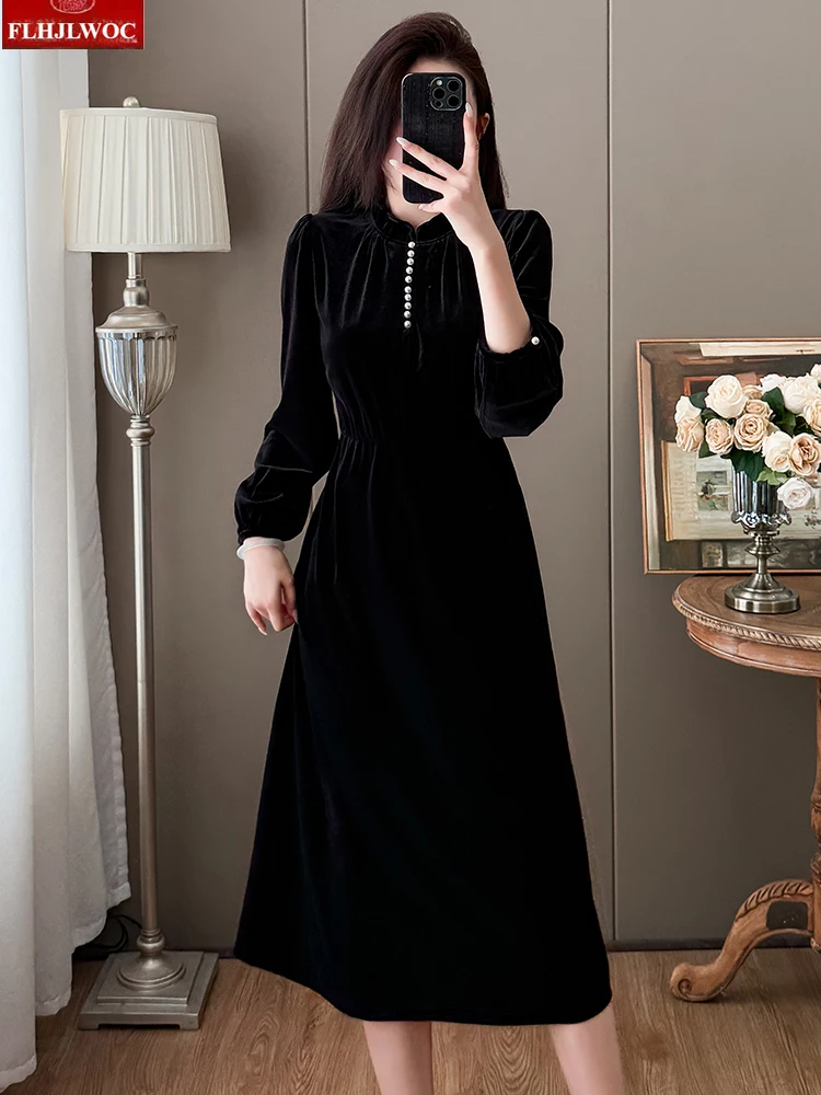 فساتين قميص أسود مخملي تصميم فرنسي ساخن امرأة السنة الجديدة بلينغ زر الوقوف طوق ريترو خمر فستان طويل فساتين المؤنث #3