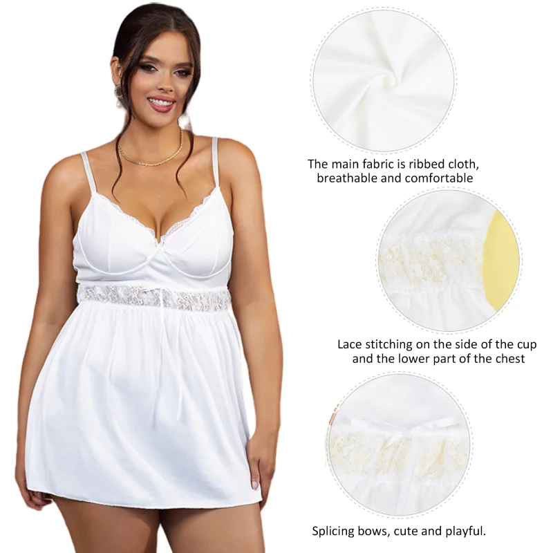 Ohyeahlady Plus Size Fashion Pajamas Casual Sleepwear Curve Nightgown V-neck Babydoll Sets White Sexy Mini Lingerie Nightdress